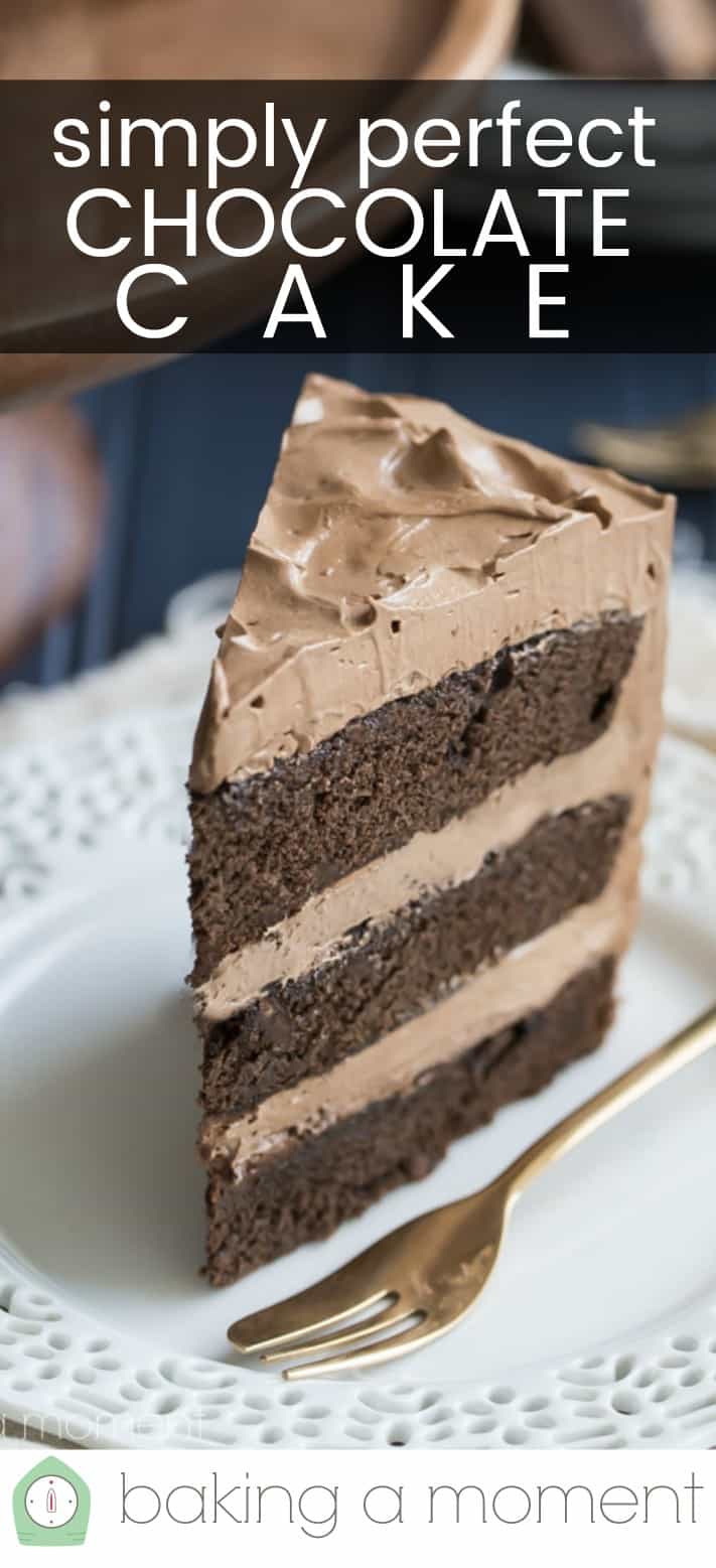 Close-up image of a slice of chocolate cake on a white plate with a blue background, and a text overlay reading "Simply Perfect Chocolate Cake."