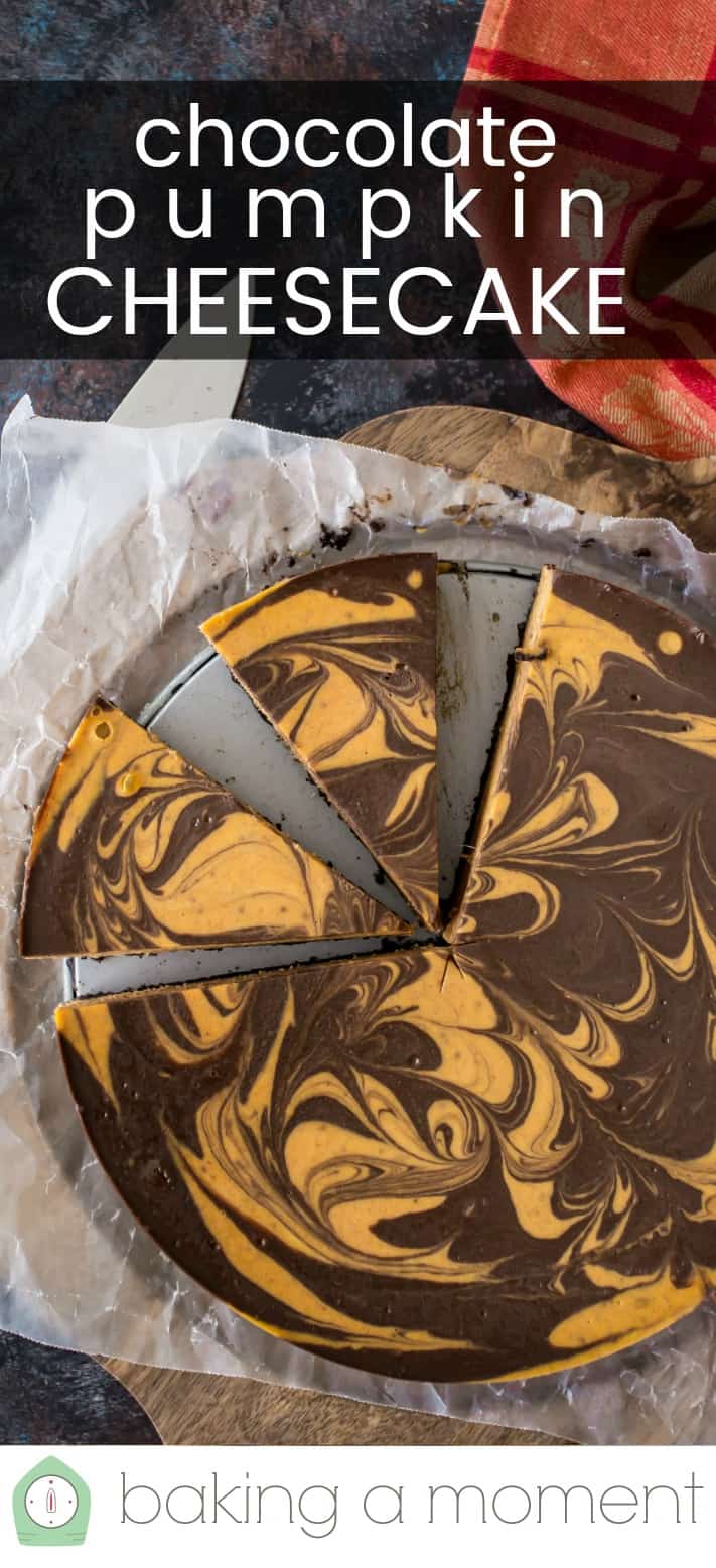 Overhead image of a chocolate pumpkin swirl cheesecake, with a text overlay above that reads "Chocolate Pumpkin Cheesecake."
