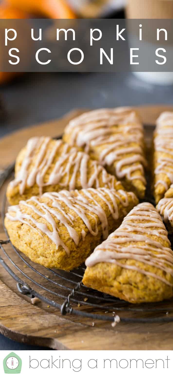 Close-up image of moist pumpkin scones on a wire cooling rack, with a text overlay above reading "Pumpkin Scones."