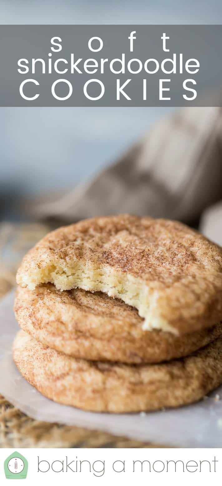 Close-up image of a soft snickerdoode with a bite taken out, and a text overlay that reads "Soft Snickerdoodle Cookies."