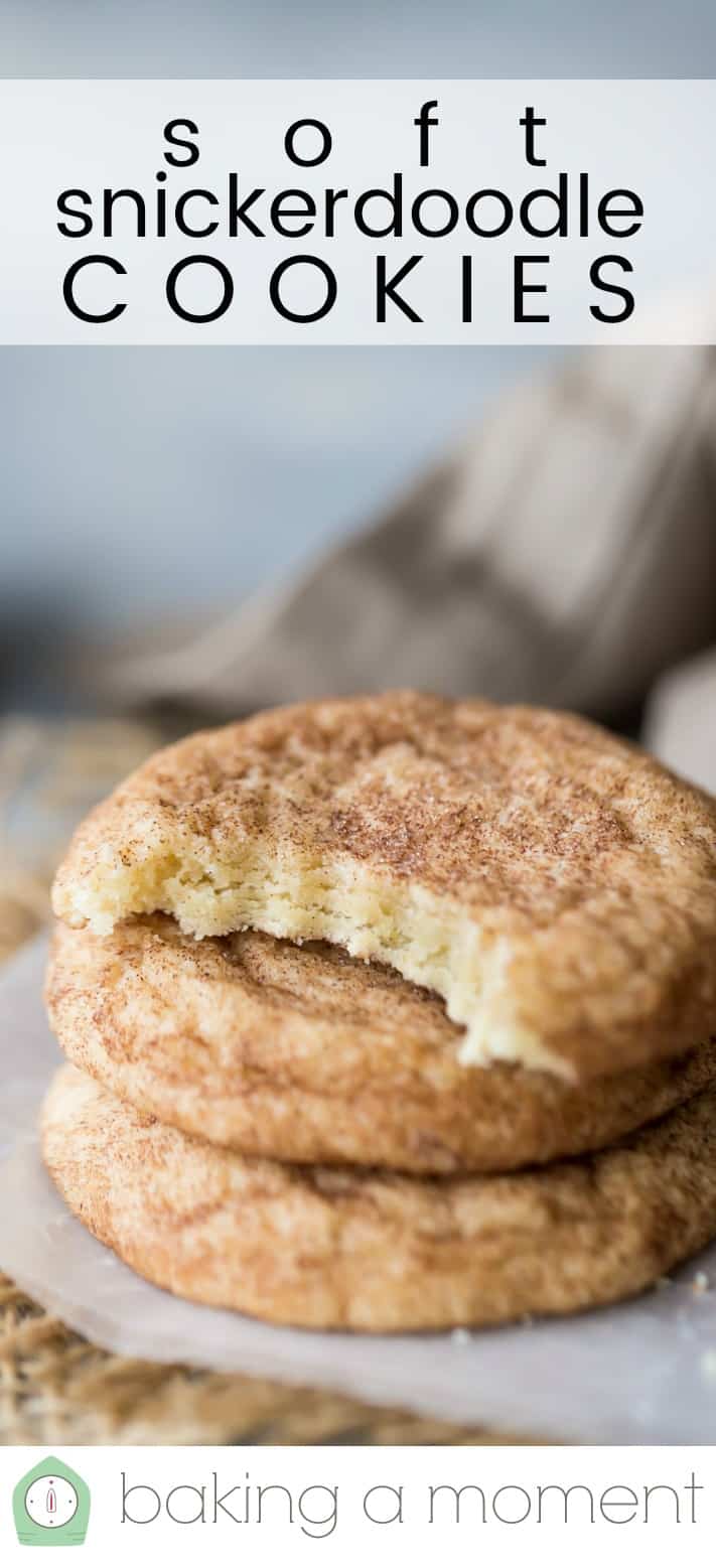 Close-up image of a soft snickerdoode with a bite taken out, and a text overlay that reads "Soft Snickerdoodle Cookies."