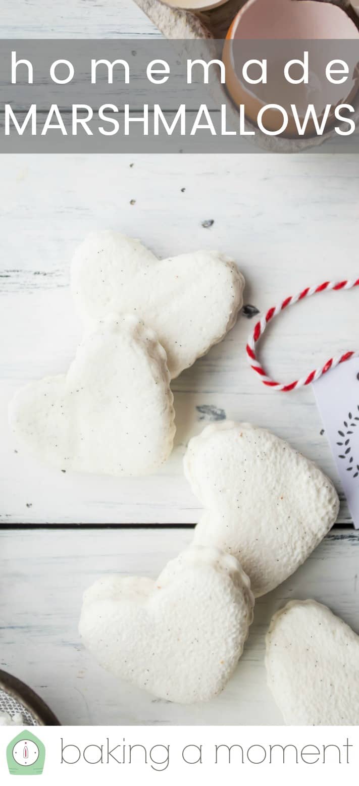 Overhead image of heart-shaped homemade marshmallows on a white background, with a text overlay reading "Homemade Marshmallows."