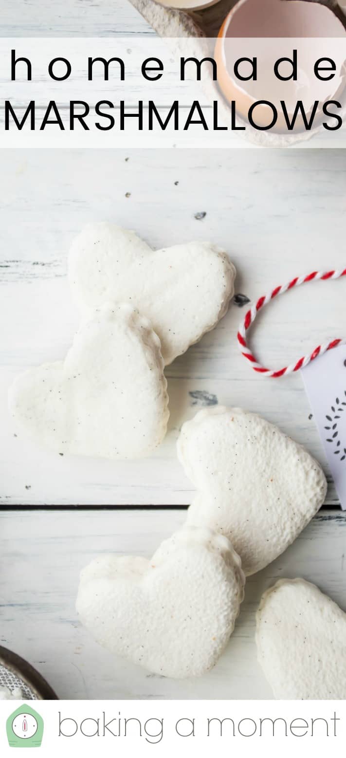 Overhead image of heart-shaped homemade marshmallows on a white background, with a text overlay reading "Homemade Marshmallows."