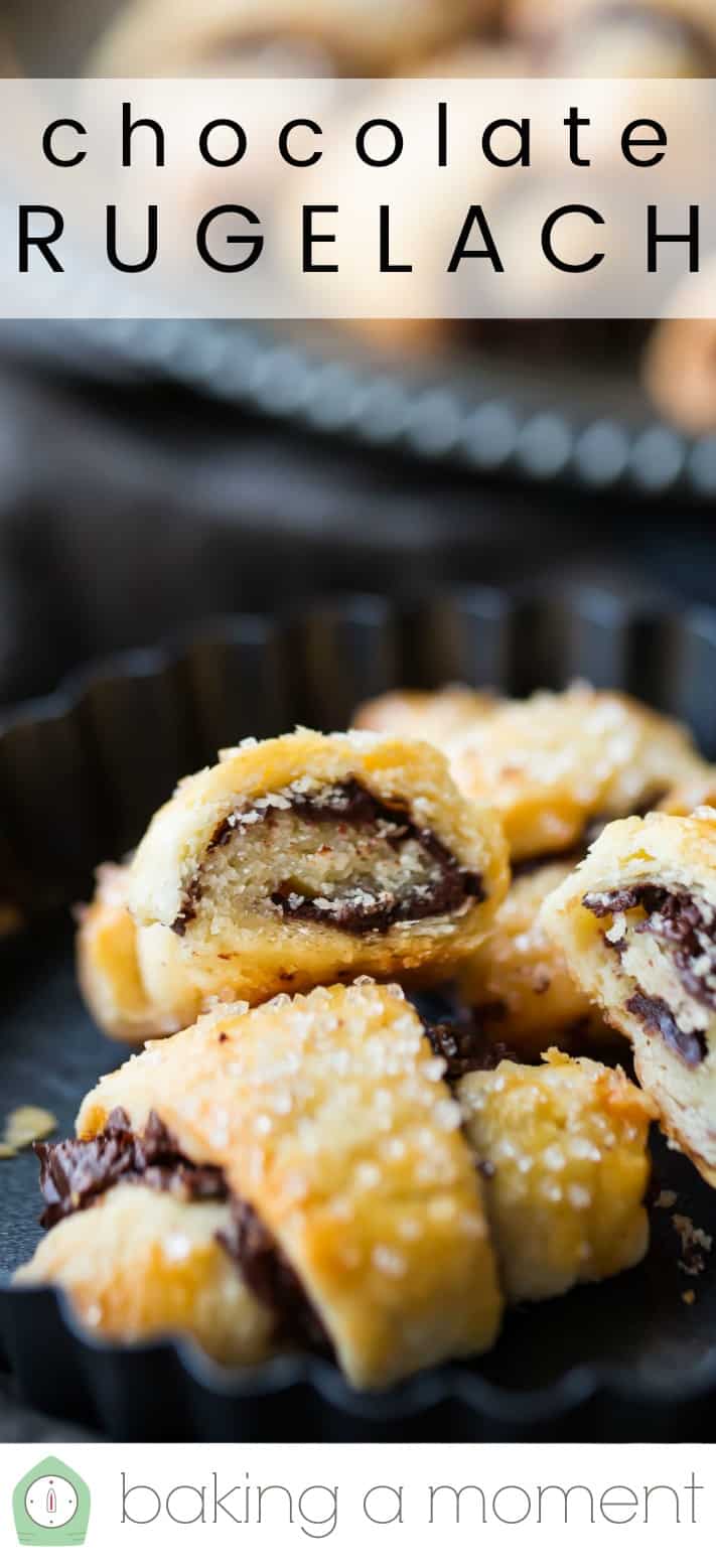 Close-up image of homemade chocolate rugelach, with a text overlay reading "Chocolate Rugelach."