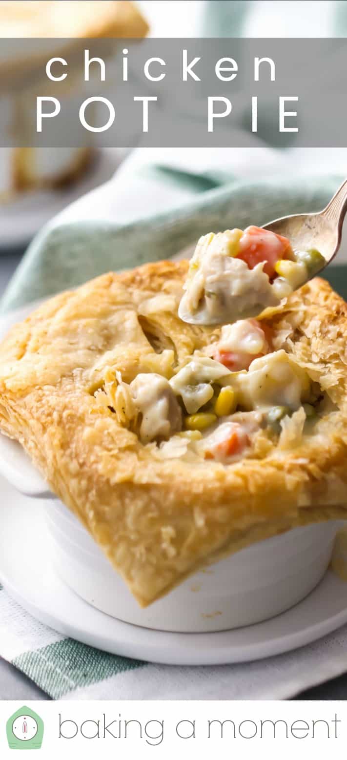 Close-up image of spooning filling from a pastry-topped chicken pot pie, with a text overlay reading "Chicken Pot Pie."