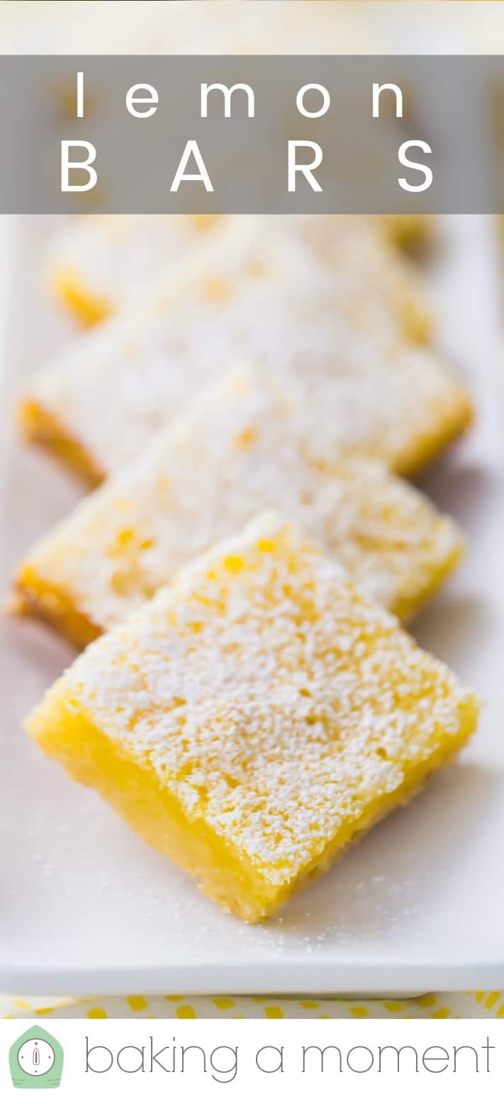 Close-up image of a plate of lemon bars, with a text overlay reading "Lemon Bars."