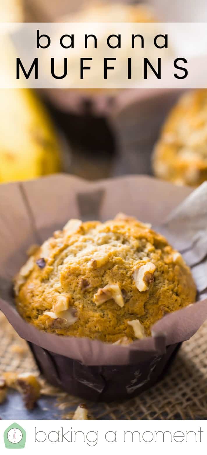 Close-up image of a banana muffin, with a text overlay reading "Banana Muffins."