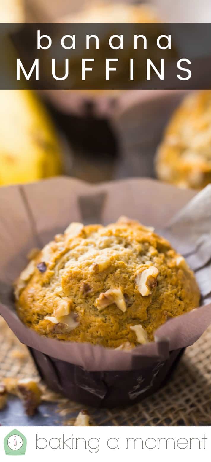 Close-up image of a banana muffin, with a text overlay reading "Banana Muffins."