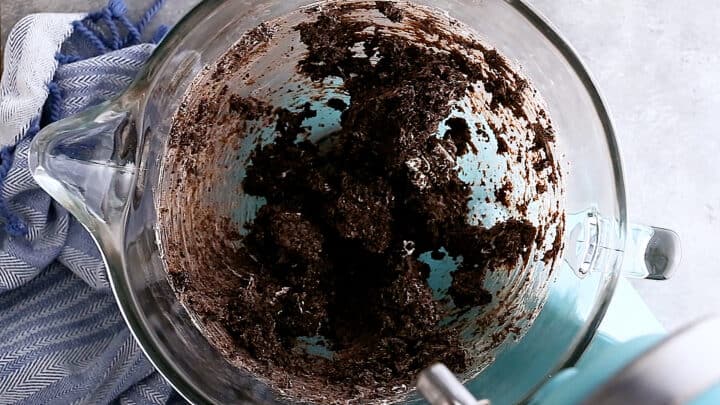 Oreo truffle filling in a glass mixing bowl.