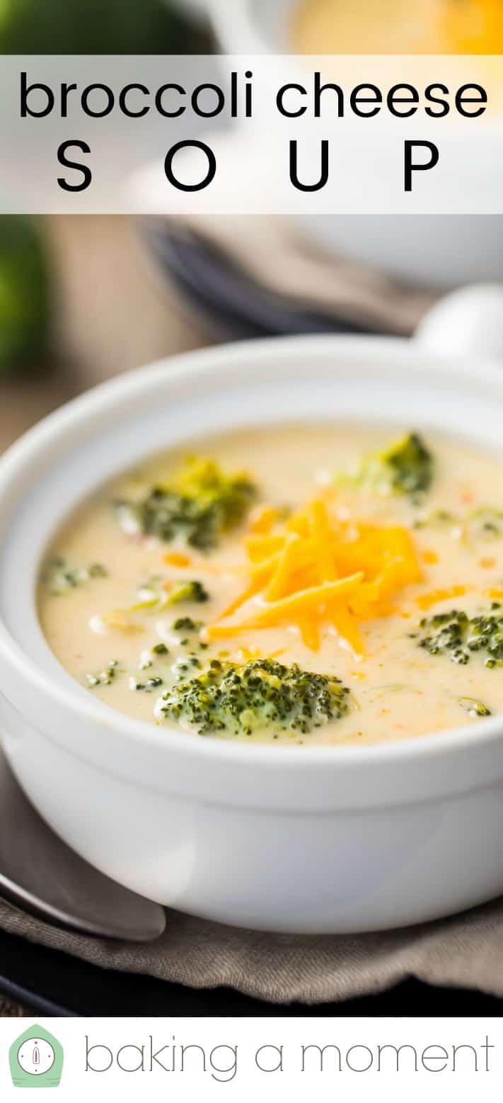 Close-up image of a crock of broccoli cheese soup, with a text overlay reading "Broccoli Cheese Soup."