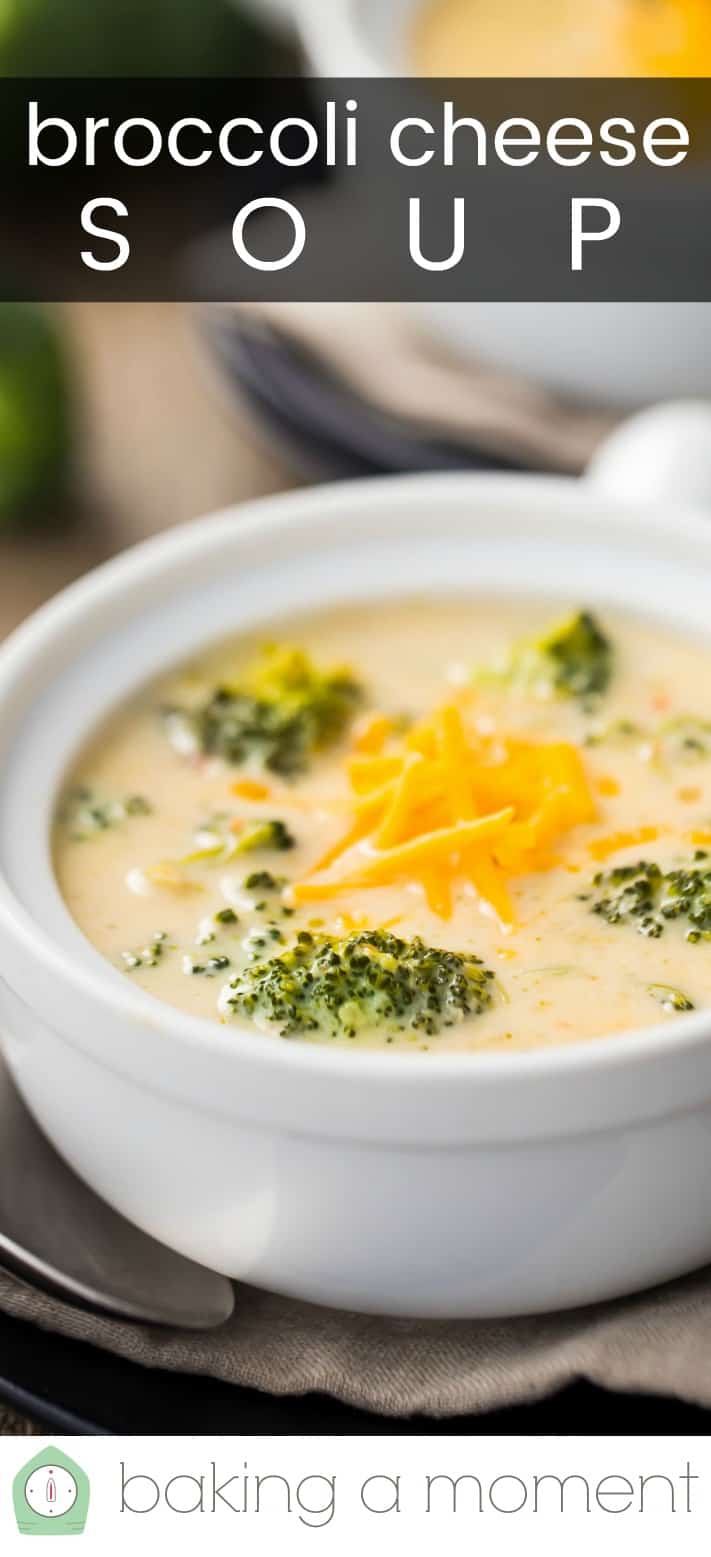 Close-up image of a crock of broccoli cheese soup, with a text overlay reading "Broccoli Cheese Soup."