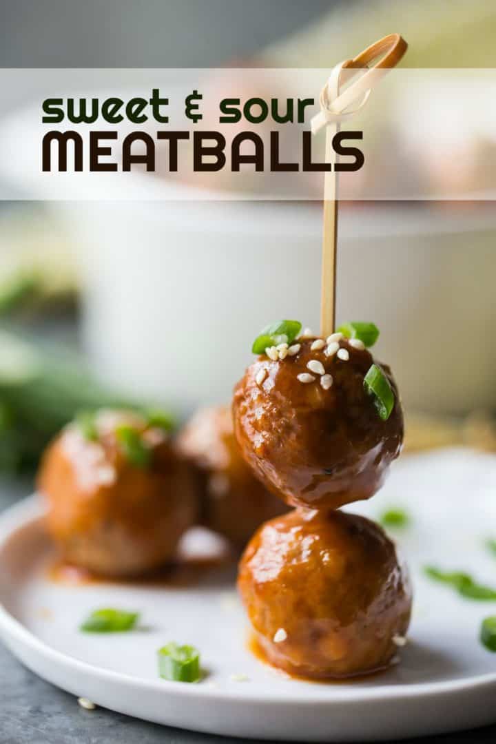 Two sweet and sour meatballs on a cocktail pic, with a text overlay reading "Sweet & Sour Meatballs."