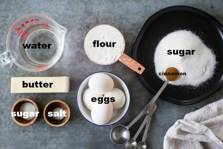 Ingredients for making churros, with text labels.