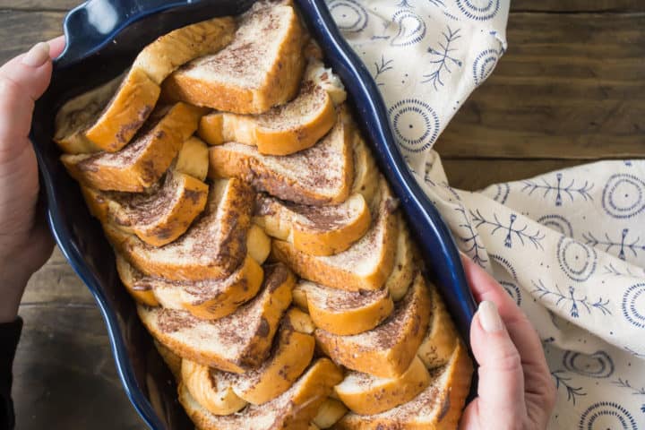 Unbaked dish of French toast casserole.