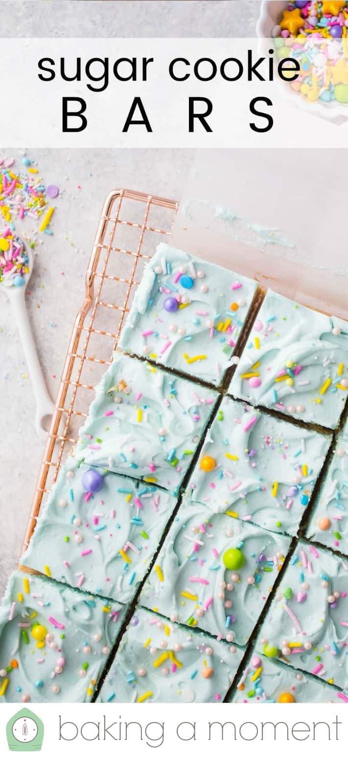 Overhead image of frosted sugar cookie bars, with a text overlay reading "Sugar Cookie Bars."