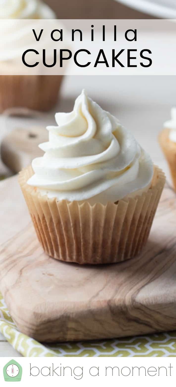 Close-up image of a vanilla cupcake, with a text overlay reading "Vanilla Cupcakes."