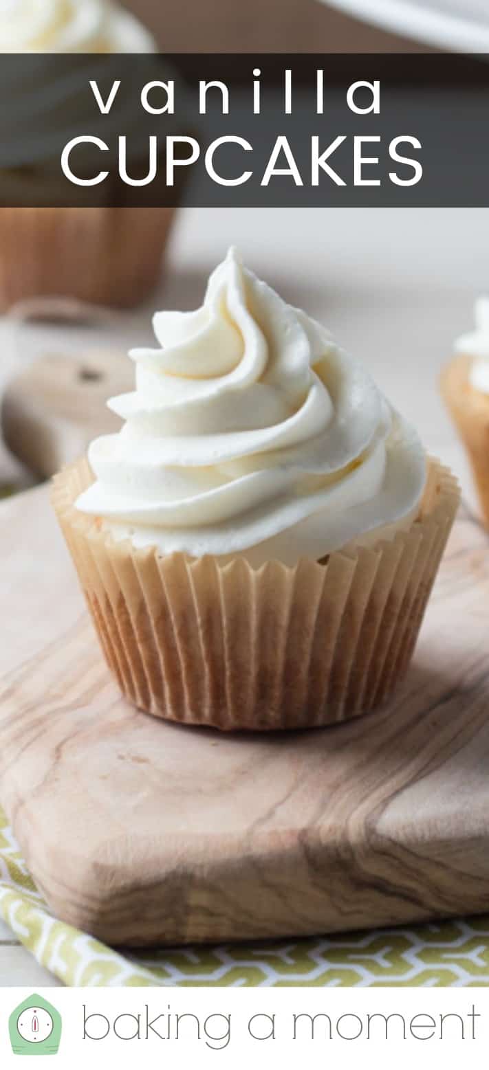 Close-up image of a vanilla cupcake, with a text overlay reading "Vanilla Cupcakes."