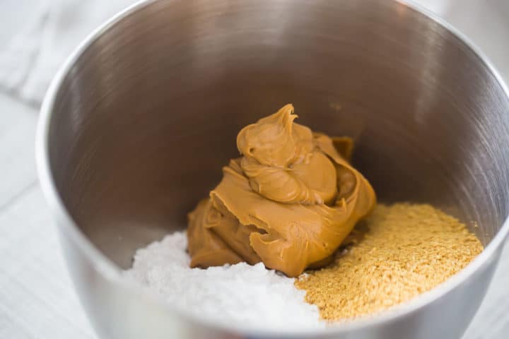 Peanut butter bars ingredients in a large mixing bowl.