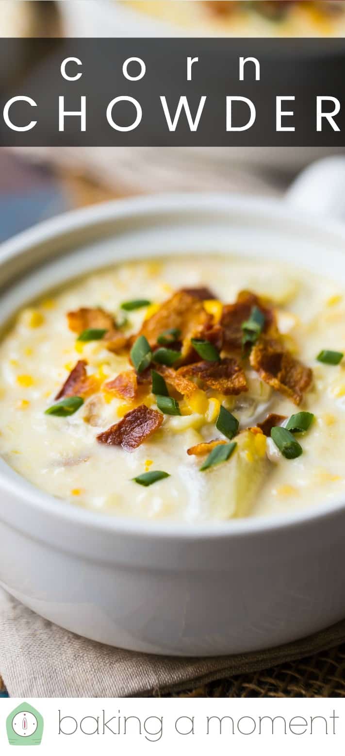 Close-up image of a crock of corn chowder, with a text overlay reading "Corn Chowder."