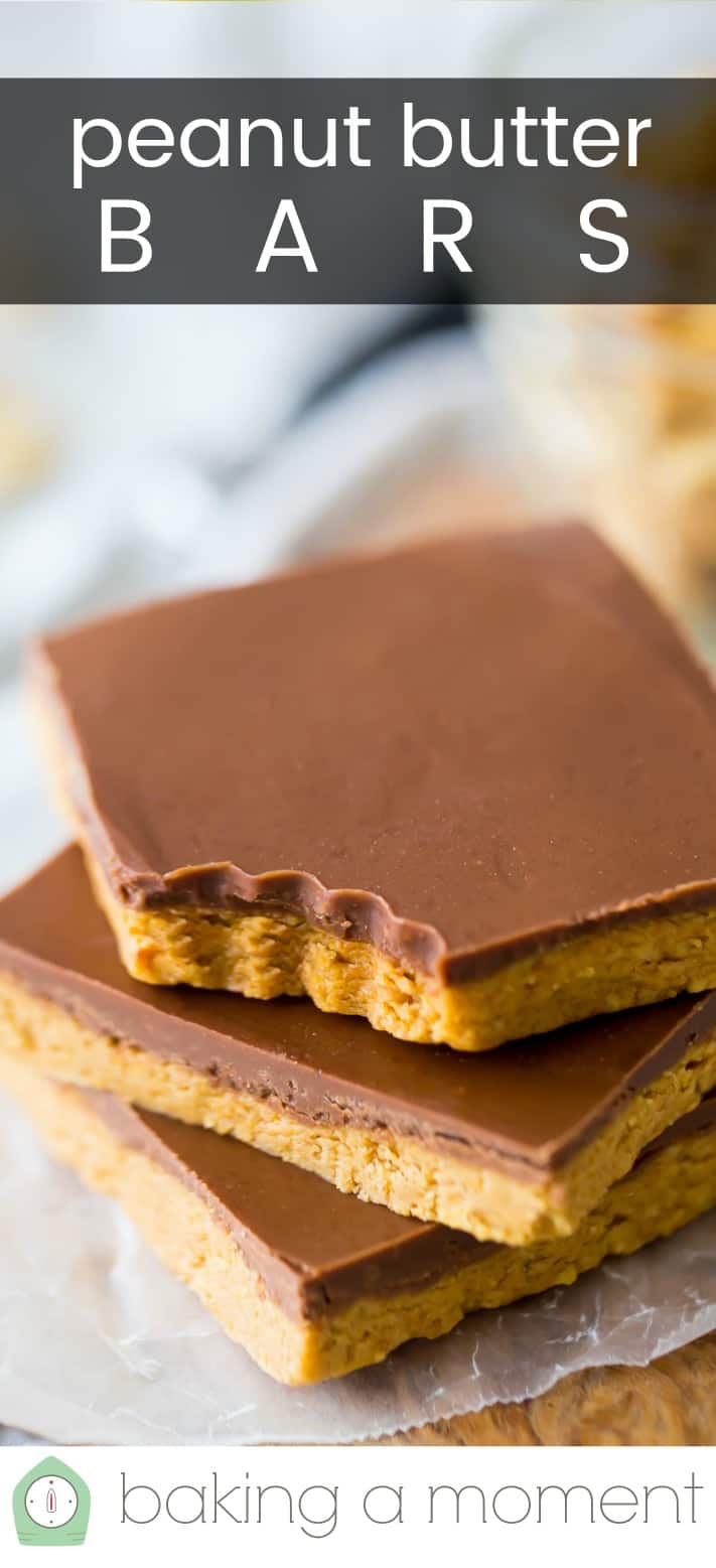 Stack of peanut butter bars with a text overlay reading "Peanut Butter Bars."