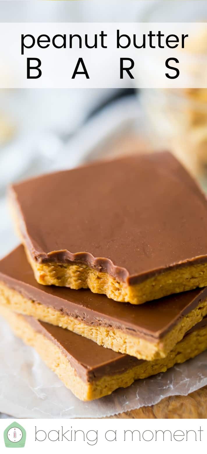 Stack of peanut butter bars with a text overlay reading "Peanut Butter Bars."