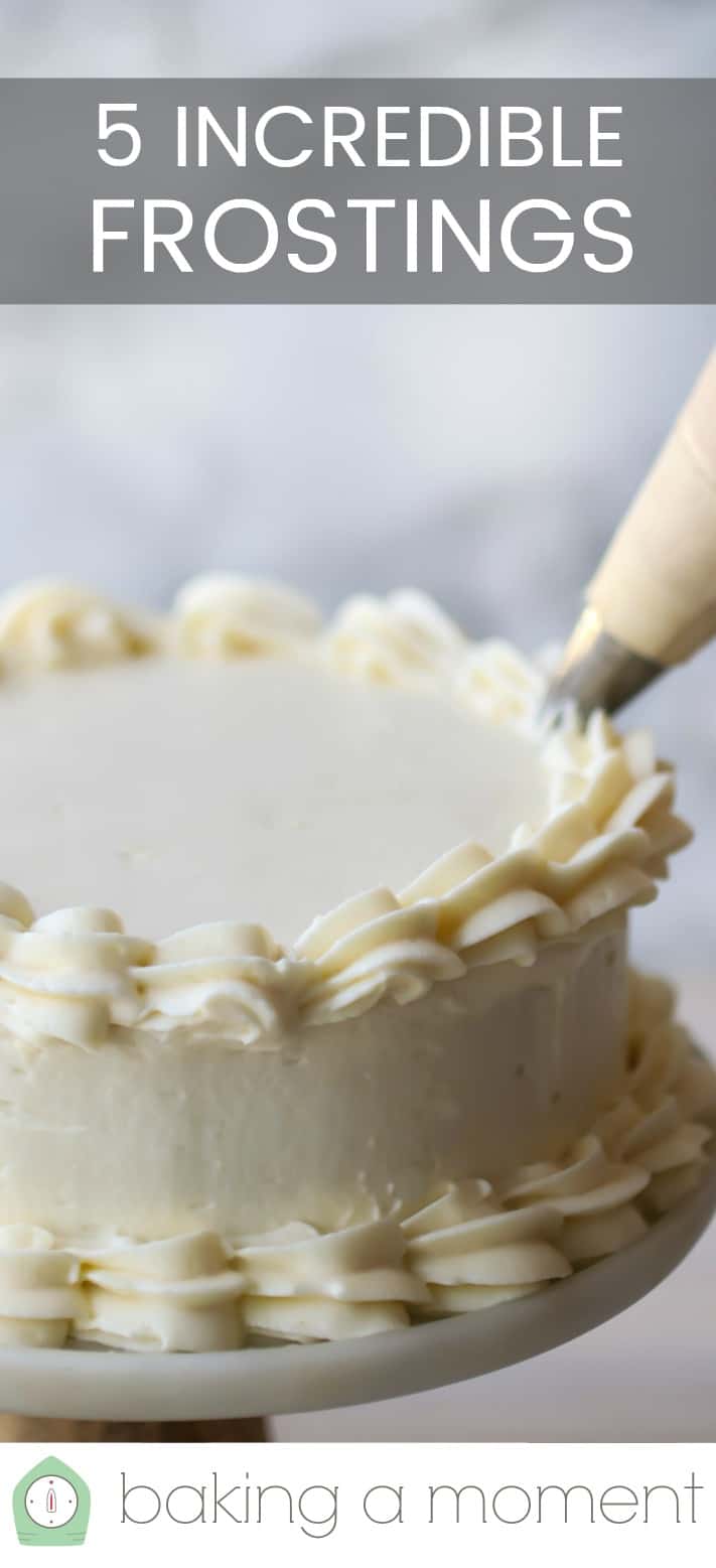 Close-up image of frosting being piped onto a cake with a text overlay above that reads "5 Incredible Frostings."