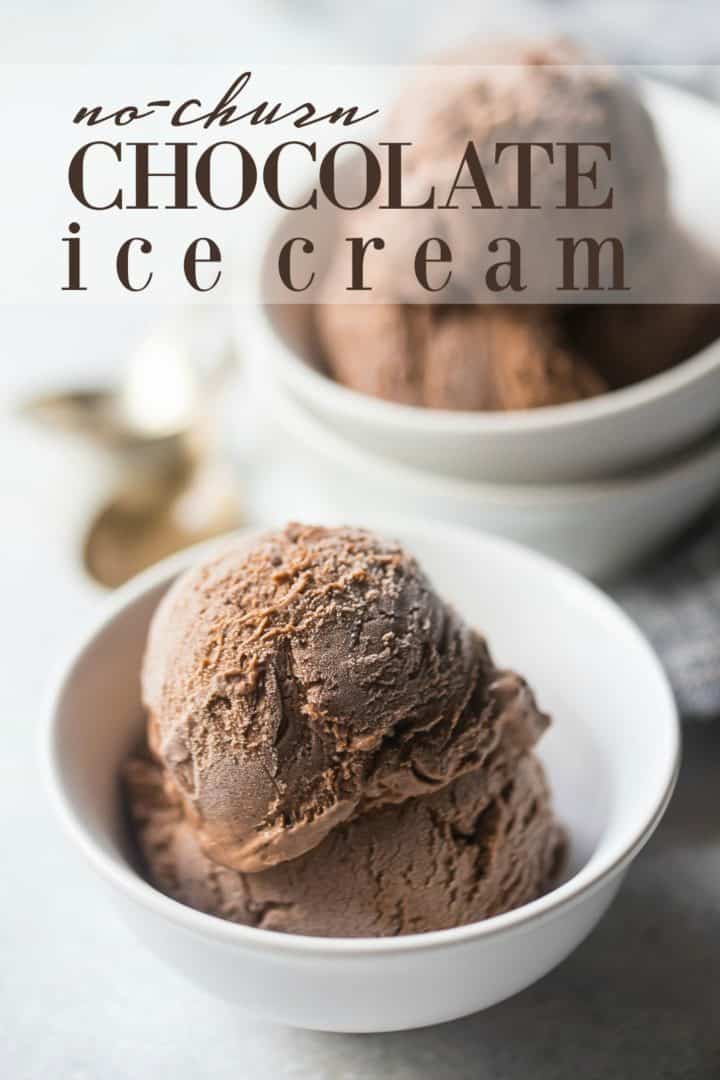 Two bowls of chocolate ice cream on a white background, with a text overlay that reads "No-Churn Chocolate Ice Cream."