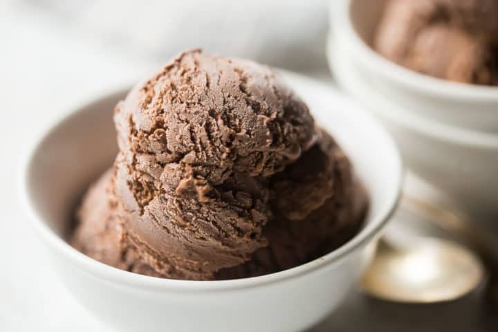 Chocolate ice cream in a small bowl on a white background.