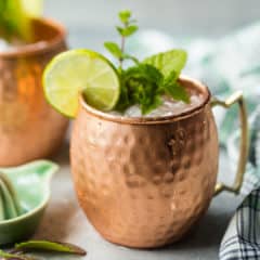 An icy Moscow mule drink in a copper mug, garnished with lime and fresh mint.