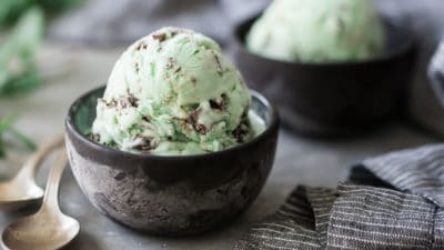 Two bowls of homemade mint chocolate chip ice cream, with silver spoons on a gray background.