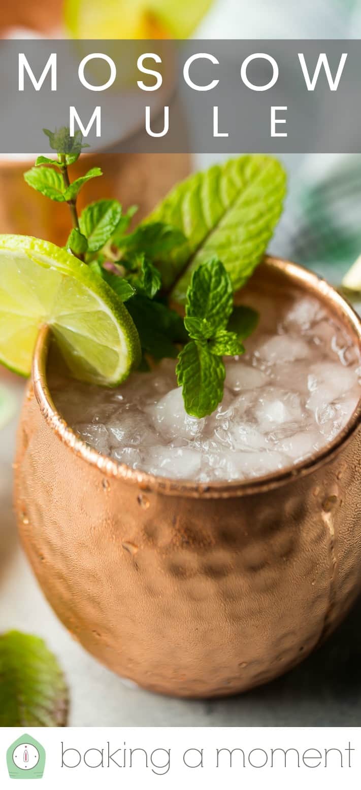 Close-up image of a Moscow mule drink with a text overlay above that reads "Moscow Mule."