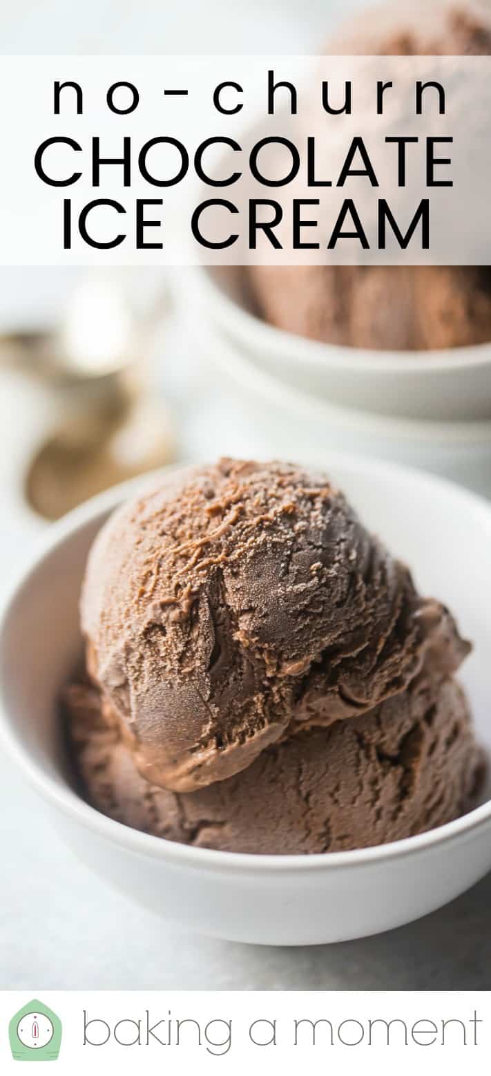 Close-up image of a bowl of homemade chocolate ice cream, with a text overlay above reading "No-Churn Chocolate Ice Cream."