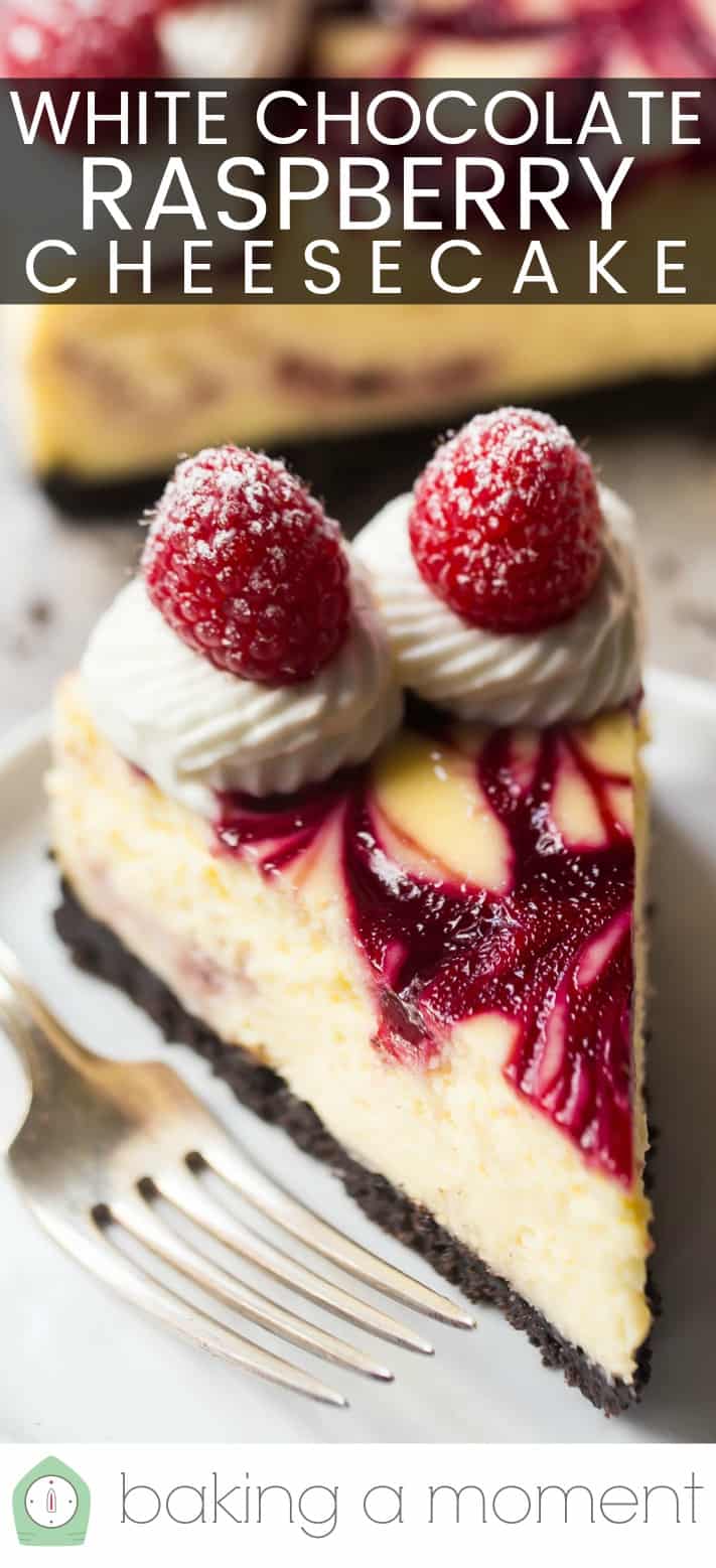 Close-up image of a slice of white chocolate raspberry swirl cheesecake, with a text overlay above that reads "White Chocolate Raspberry Cheesecake."