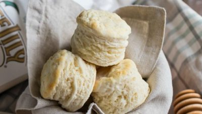 Close-up image of homemade buttermilk biscuits.