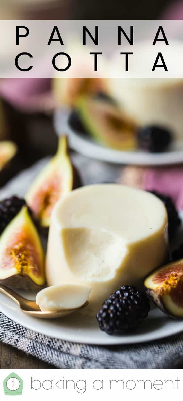 Classic Italian panna cotta, garnished with fresh figs and blackberries, with a text overlay above that reads "Panna Cotta."