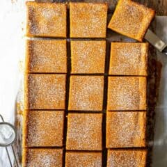 Overhead image of Paula Deen pumpkin gooey butter cake bars made from scratch.
