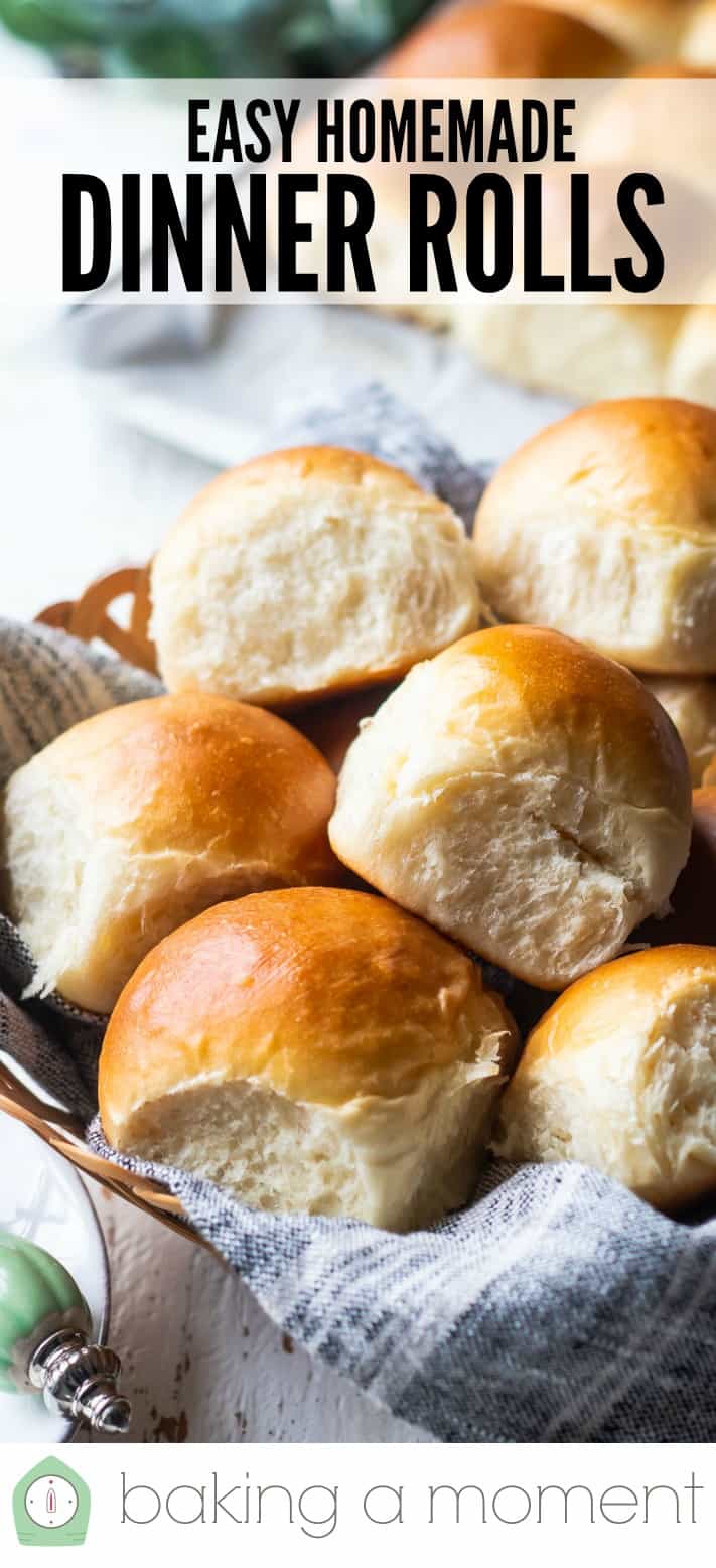 Dinner rolls in a basket with a text overlay.