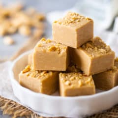 Peanut butter fudge cut into squares and arranged on a white plate.