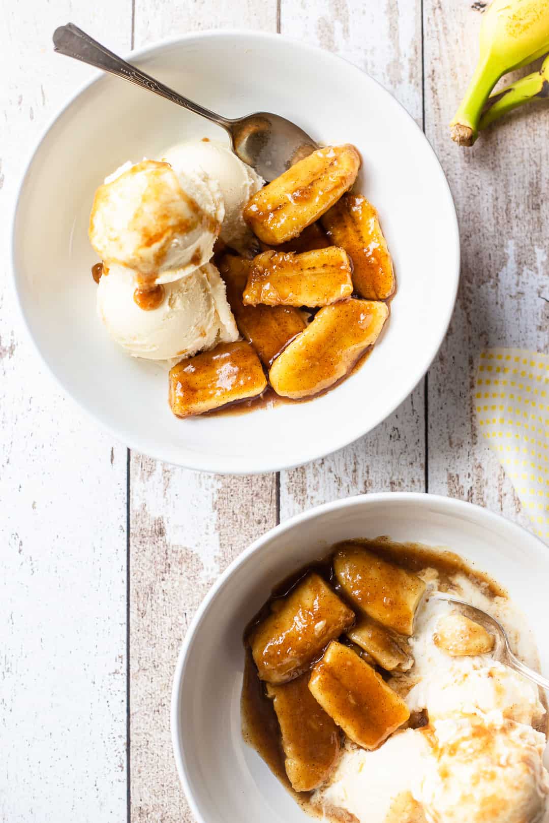 Bananas Foster served in bowls over ice cream or with French toast.