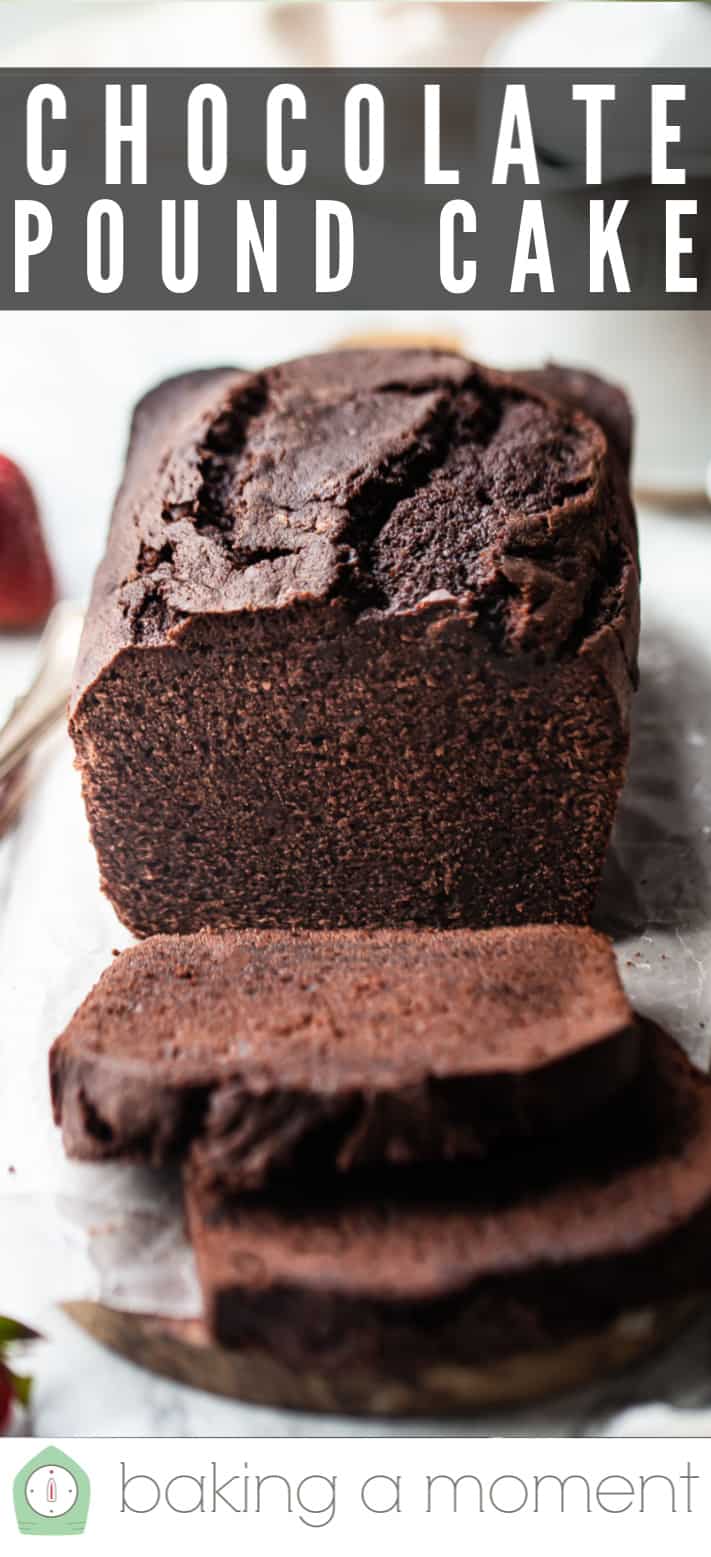 Chocolate pound cake sliced, with a text overlay above that reads "Chocolate Pound Cake."