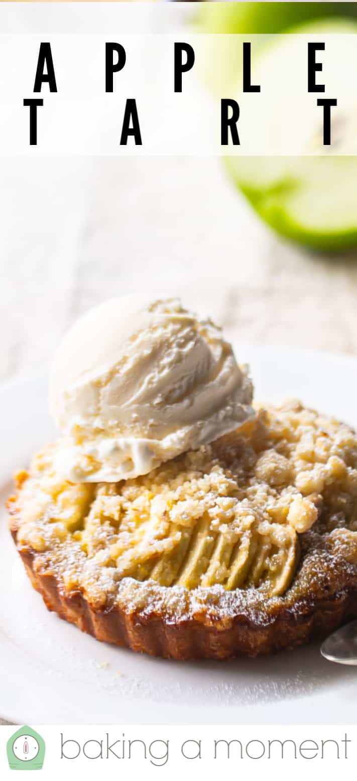 Closeup image of apple tart with crumb topping.