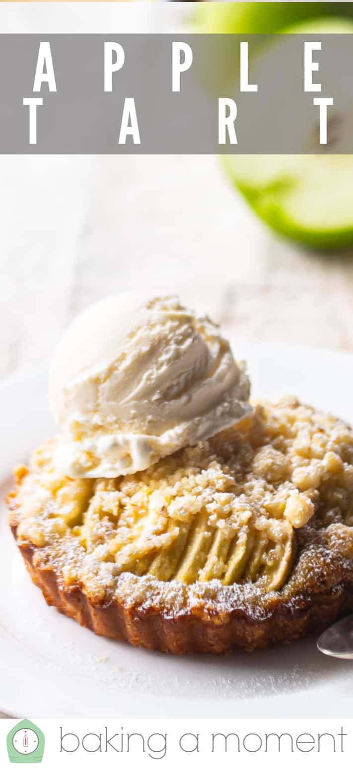 Closeup image of apple tart with vanilla ice cream.