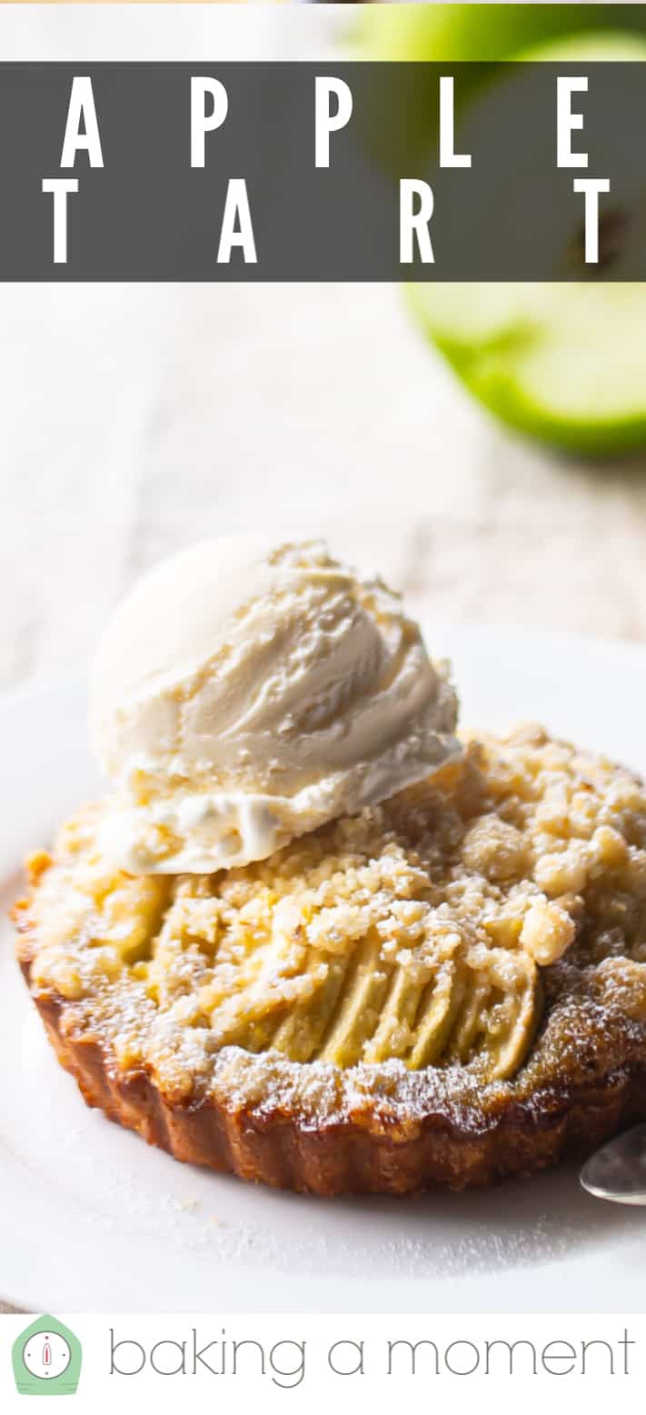 Closeup image of apple tart with green apples in the background.