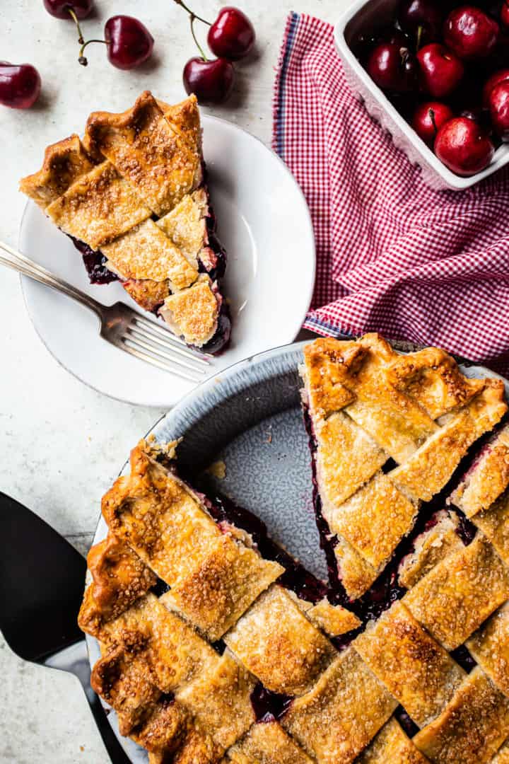 How to make cherry pie with a lattice pie crust and fresh or frozen cherries.