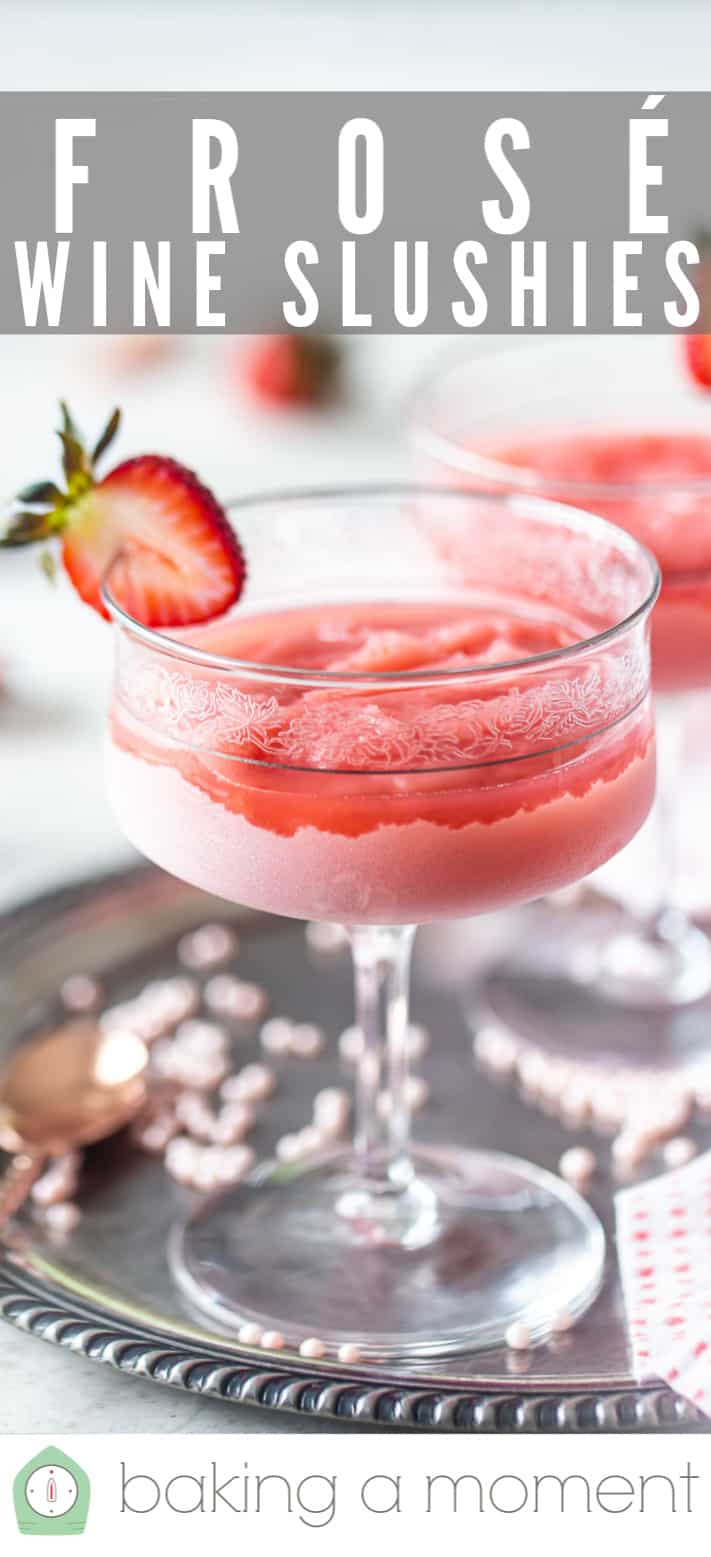 Frosé recipe made and served in glass stemware, with a text overlay above that reads "Frosé Wine Slushies."