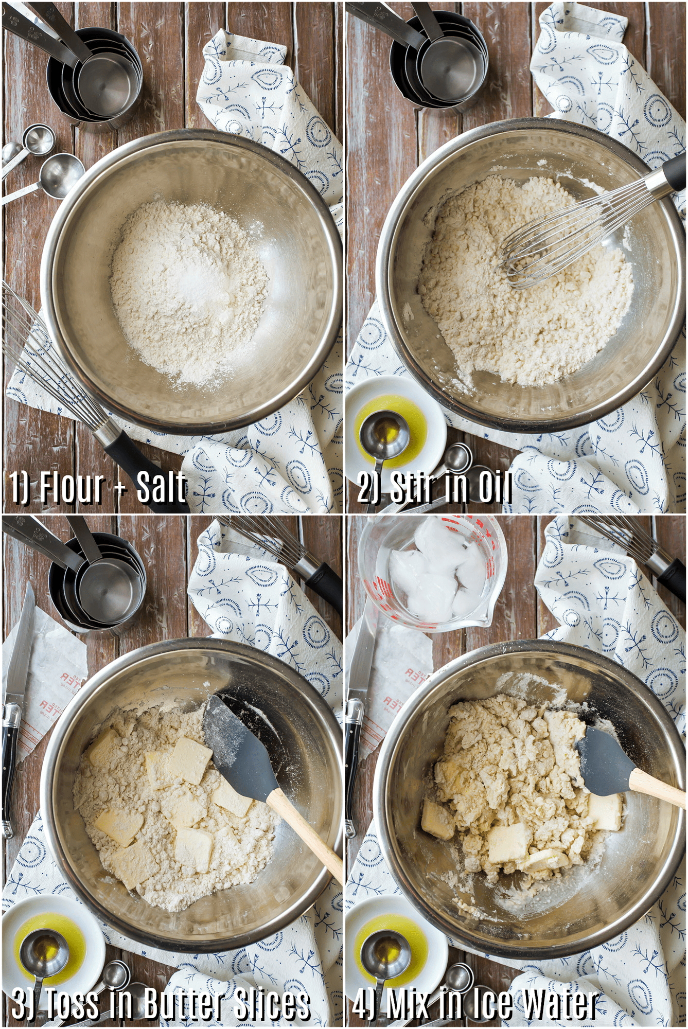Image collage showing the steps to make pie crust dough.