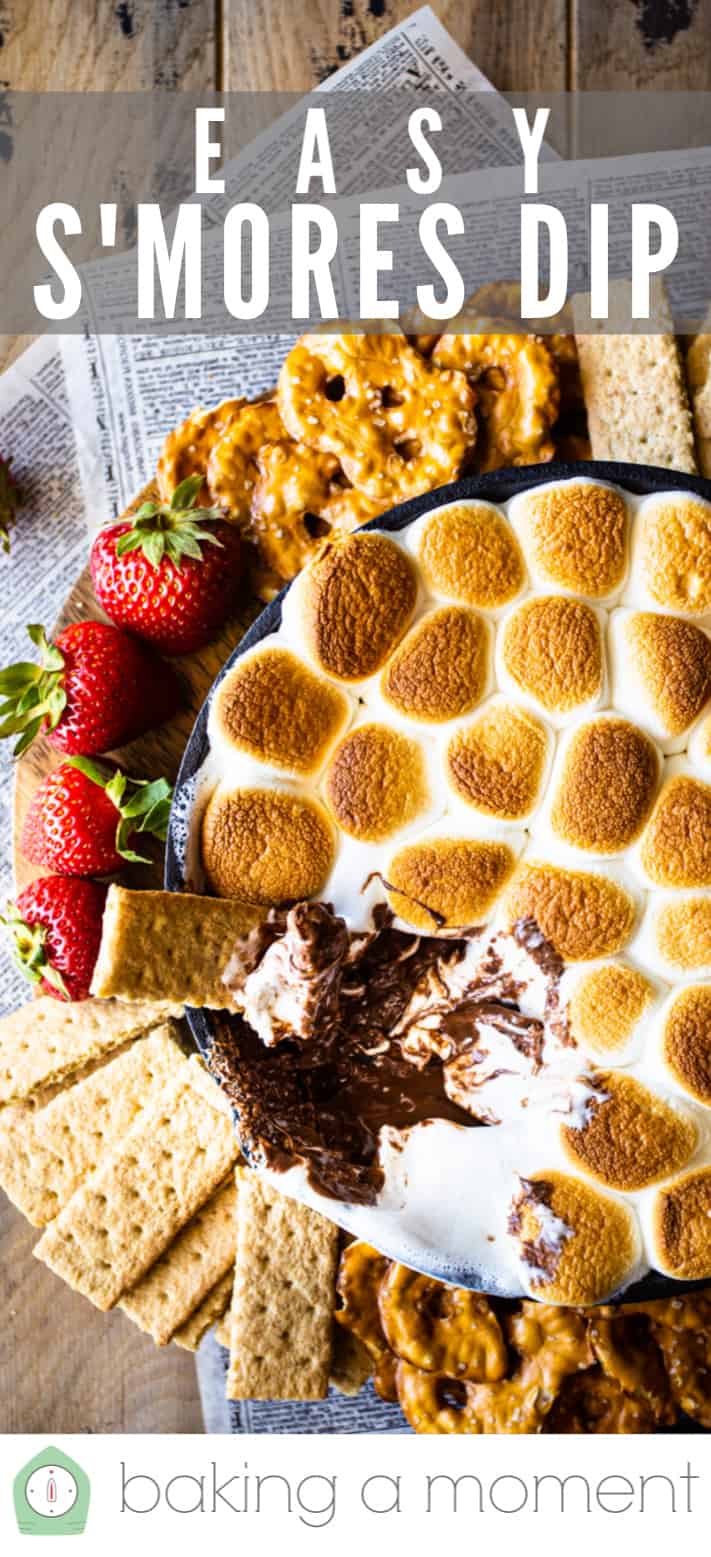 Campfire s'mores dip made in a skillet.