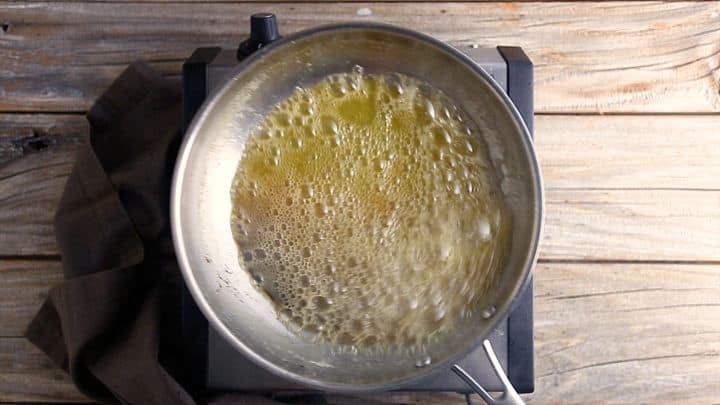 Browning butter in a stainless steel saute pan.