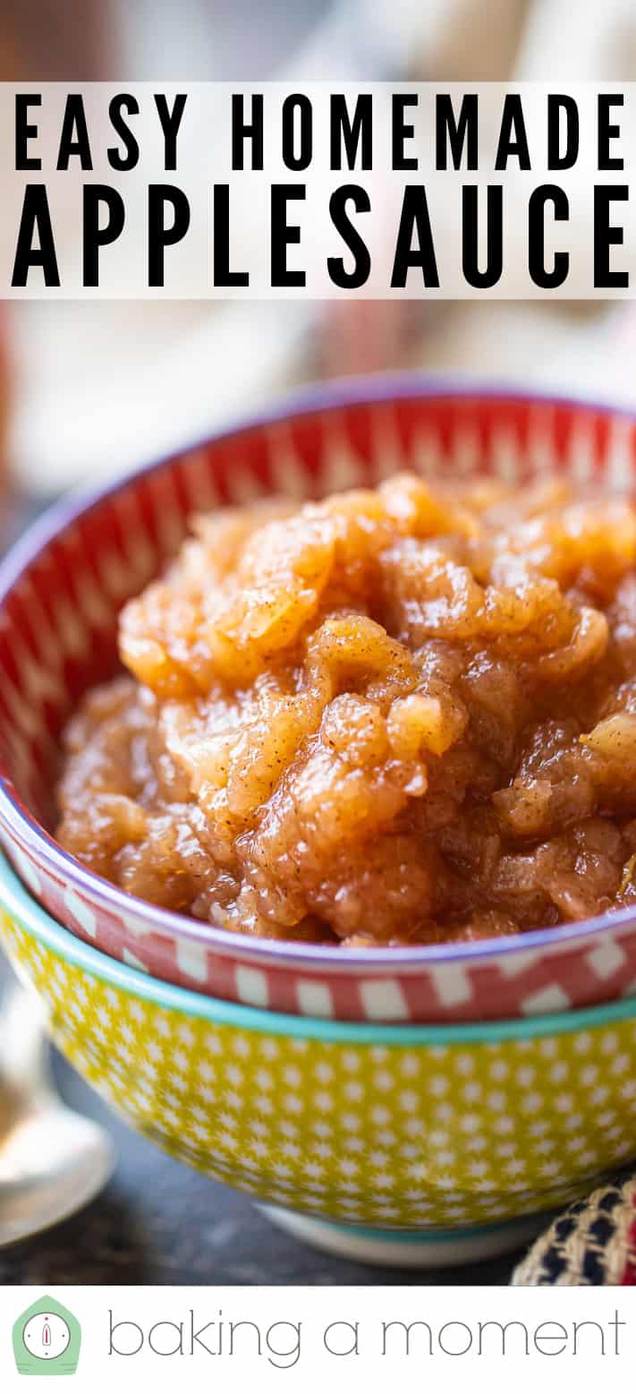 Easy homemade applesauce in a red checked ceramic bowl.