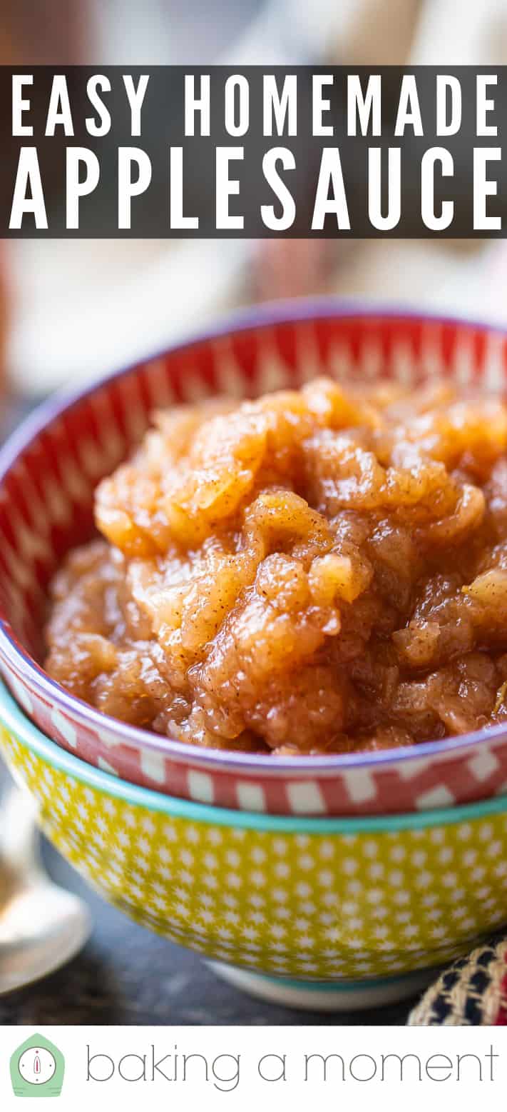Easy homemade applesauce in a red checked ceramic bowl.